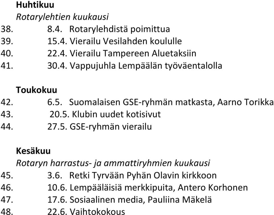 27.5. GSE- ryhmän vierailu Kesäkuu Rotaryn harrastus- ja ammattiryhmien kuukausi 45. 3.6. Retki Tyrvään Pyhän Olavin kirkkoon 46. 10.6. Lempääläisiä merkkipuita, Antero Korhonen 47.