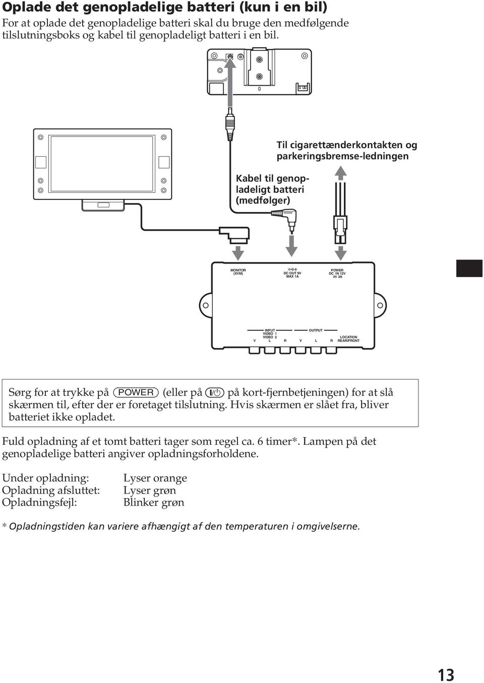 LOCATION REAR/FRONT Sørg for at trykke på (POWER) (eller på {/1 på kort-fjernbetjeningen) for at slå skærmen til, efter der er foretaget tilslutning.