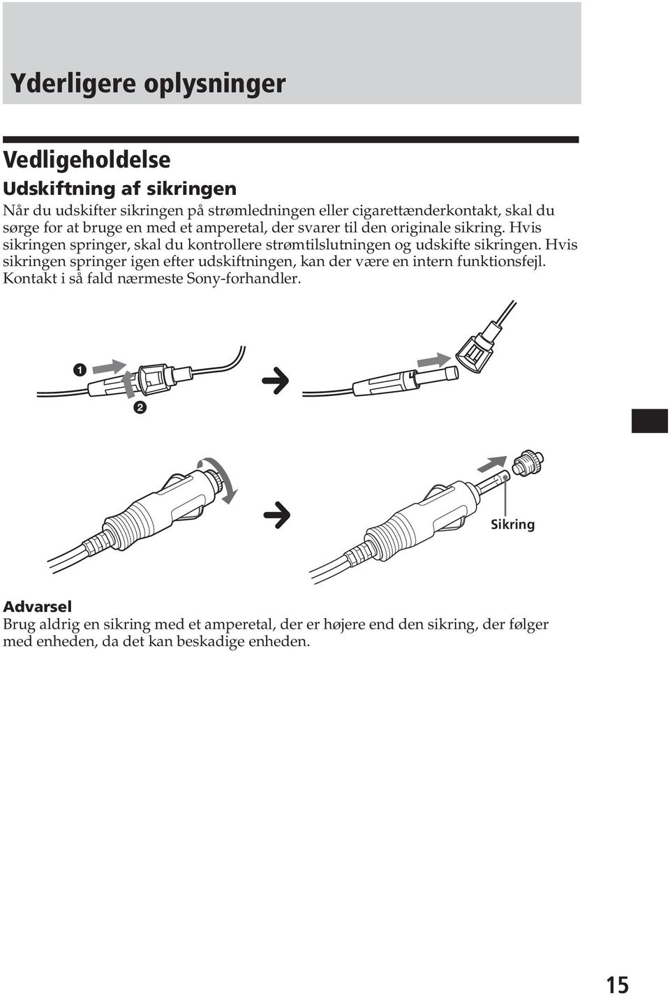 Hvis sikringen springer, skal du kontrollere strømtilslutningen og udskifte sikringen.