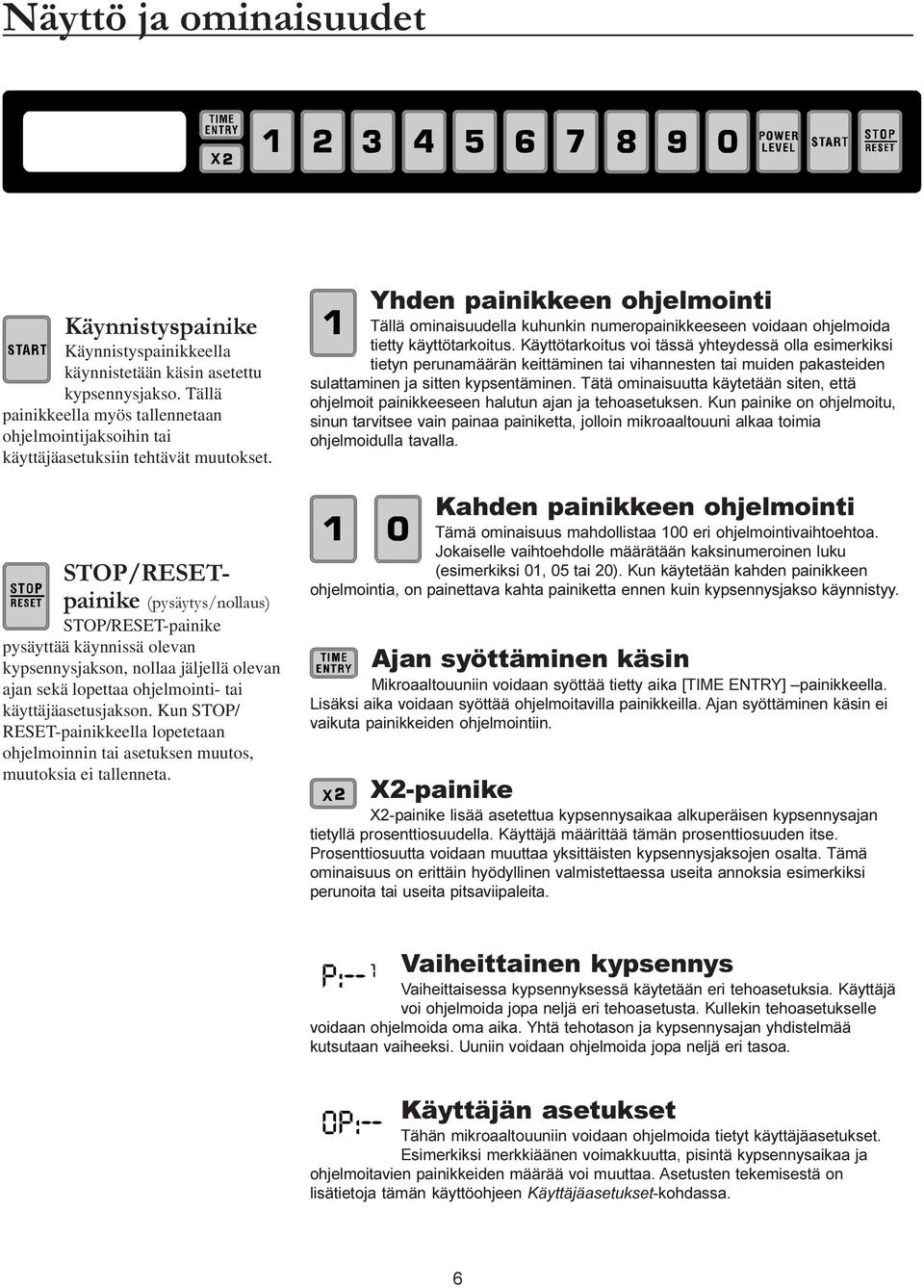 STOP/RESETpainike (pysäytys/nollaus) STOP/RESET-painike pysäyttää käynnissä olevan kypsennysjakson, nollaa jäljellä olevan ajan sekä lopettaa ohjelmointi- tai käyttäjäasetusjakson.
