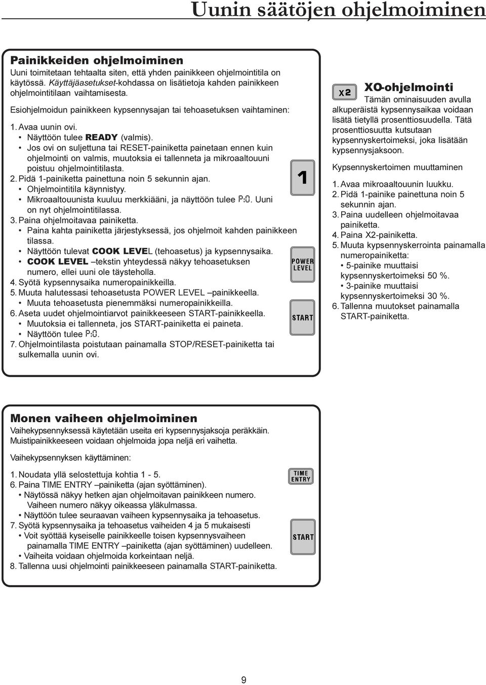 Näyttöön tulee READY (valmis). Jos ovi on suljettuna tai RESET-painiketta painetaan ennen kuin ohjelmointi on valmis, muutoksia ei tallenneta ja mikroaaltouuni poistuu ohjelmointitilasta. 2.