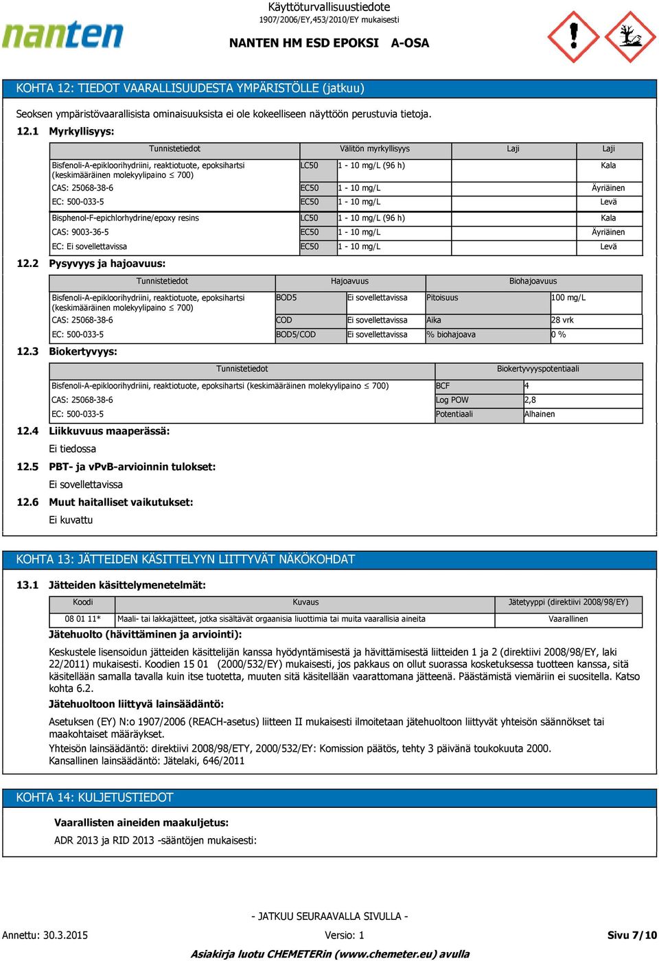 1 Myrkyllisyys: Tunnistetiedot Välitön myrkyllisyys Laji Laji Bisfenoli-A-epikloorihydriini, reaktiotuote, epoksihartsi (keskimääräinen molekyylipaino 700) LC50 1-10 mg/l (6 h) Kala CAS: 25068-38-6