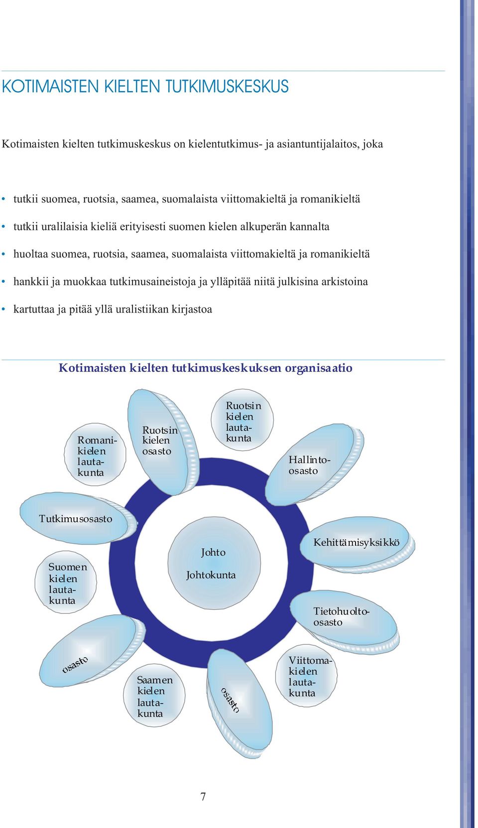 tutkimusaineistoja ja ylläpitää niitä julkisina arkistoina kartuttaa ja pitää yllä uralistiikan kirjastoa Kotimaisten kielten tutkimuskeskuksen organisaatio Romanikielen lautakunta