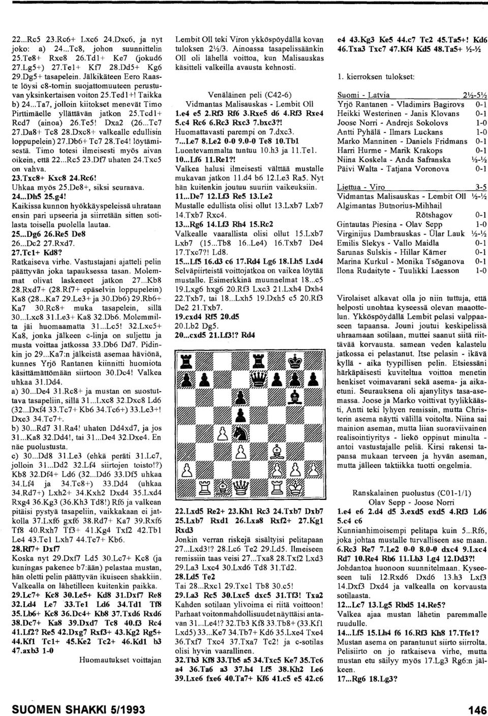 Tedl+ Red7 (ainoa) 26.Te5! Dxa2 (26... Te7 27.Da8+ Te8 28.Dxe8+ valkealle edullisin loppupelein) 27.Db6+ Te7 28.Te4! löytämisestä. Timo totesi ilmeisesti myös aivan oikein, että 22... Re5 23.