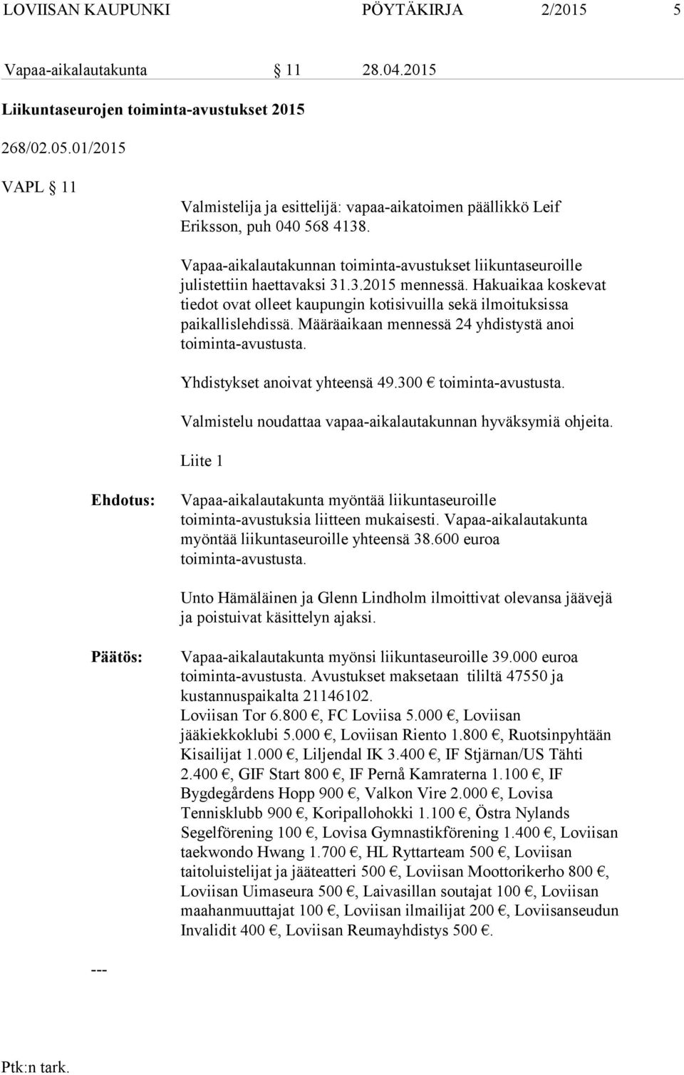 Hakuaikaa koskevat tiedot ovat olleet kaupungin kotisivuilla sekä ilmoituksissa paikallislehdissä. Määräaikaan mennessä 24 yhdistystä anoi toiminta-avustusta. Yhdistykset anoivat yhteensä 49.