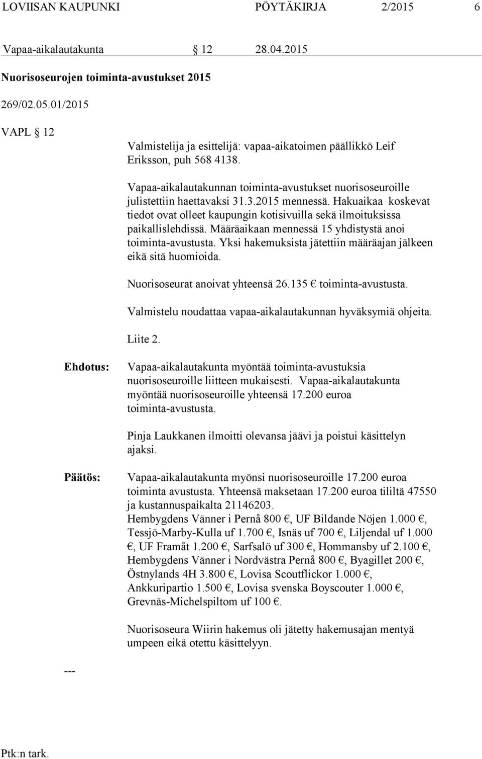 Hakuaikaa koskevat tiedot ovat olleet kaupungin kotisivuilla sekä ilmoituksissa paikallislehdissä. Määräaikaan mennessä 15 yhdistystä anoi toiminta-avustusta.