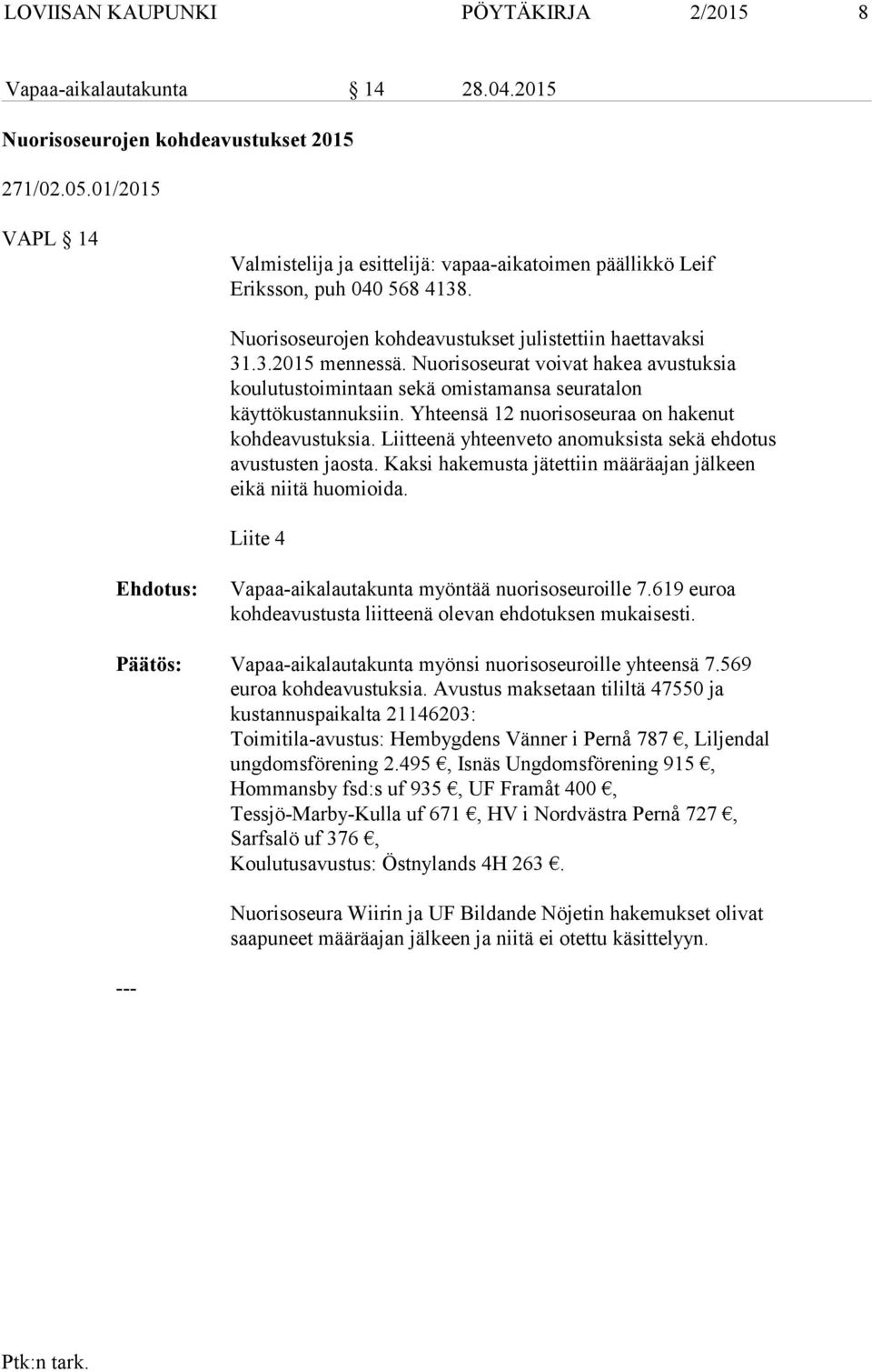 Nuorisoseurat voivat hakea avustuksia koulutustoimintaan sekä omistamansa seuratalon käyttökustannuksiin. Yhteensä 12 nuorisoseuraa on hakenut kohdeavustuksia.