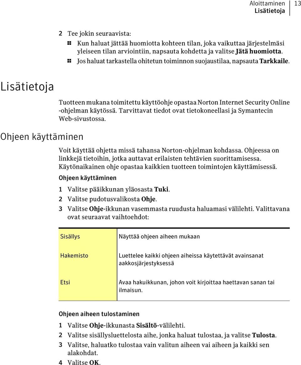 Lisätietoja Ohjeen käyttäminen Tuotteen mukana toimitettu käyttöohje opastaa Norton Internet Security Online -ohjelman käytössä. Tarvittavat tiedot ovat tietokoneellasi ja Symantecin Web-sivustossa.