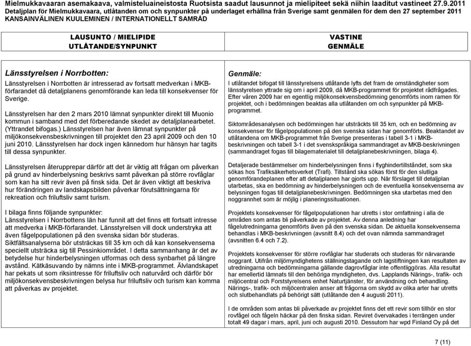 ) Länsstyrelsen har även lämnat synpunkter på miljökonsekvensbeskrivningen till projektet den 23 april 2009 och den 10 juni 2010.