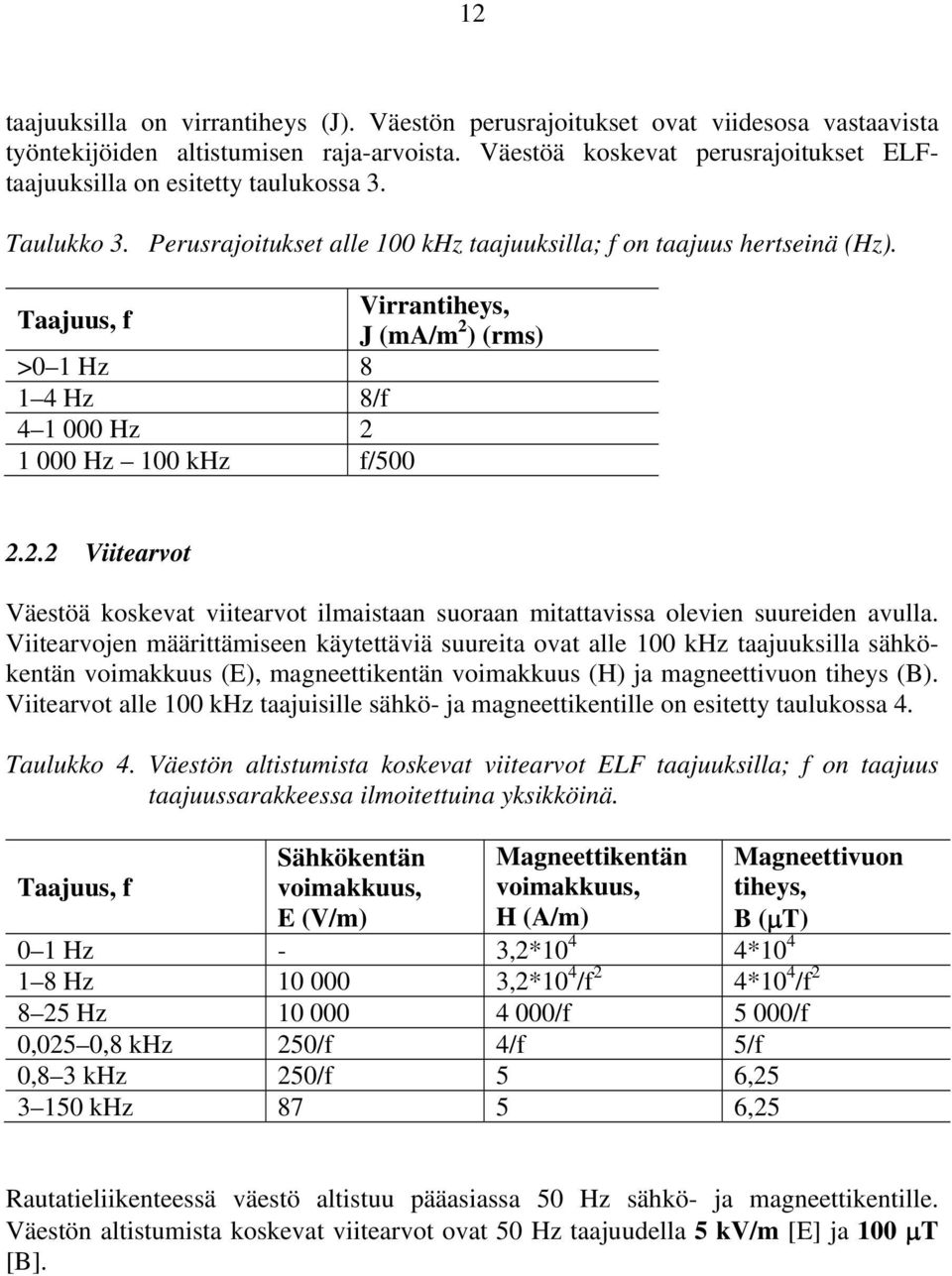 Taajuus, f Virrantiheys, J (ma/m 2 ) (rms) >0 1 Hz 8 1 4 Hz 8/f 4 1 000 Hz 2 1 000 Hz 100 khz f/500 2.2.2 Viitearvot Väestöä koskevat viitearvot ilmaistaan suoraan mitattavissa olevien suureiden avulla.