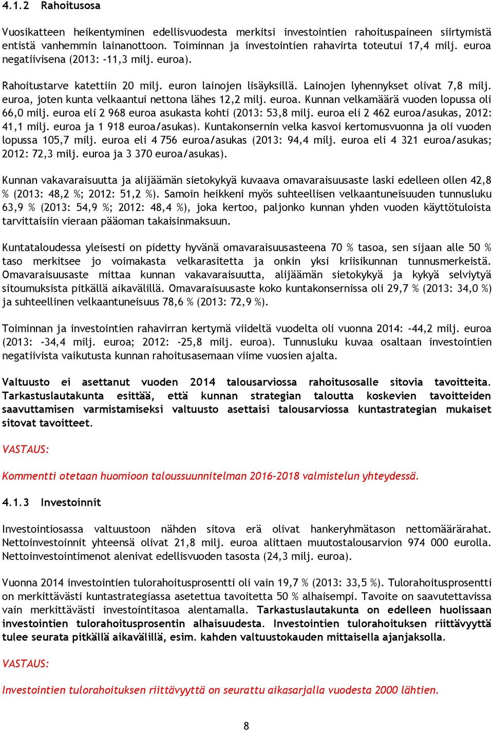 euroa. Kunnan velkamäärä vuoden lopussa oli 66,0 milj. euroa eli 2 968 euroa asukasta kohti (2013: 53,8 milj. euroa eli 2 462 euroa/asukas, 2012: 41,1 milj. euroa ja 1 918 euroa/asukas).