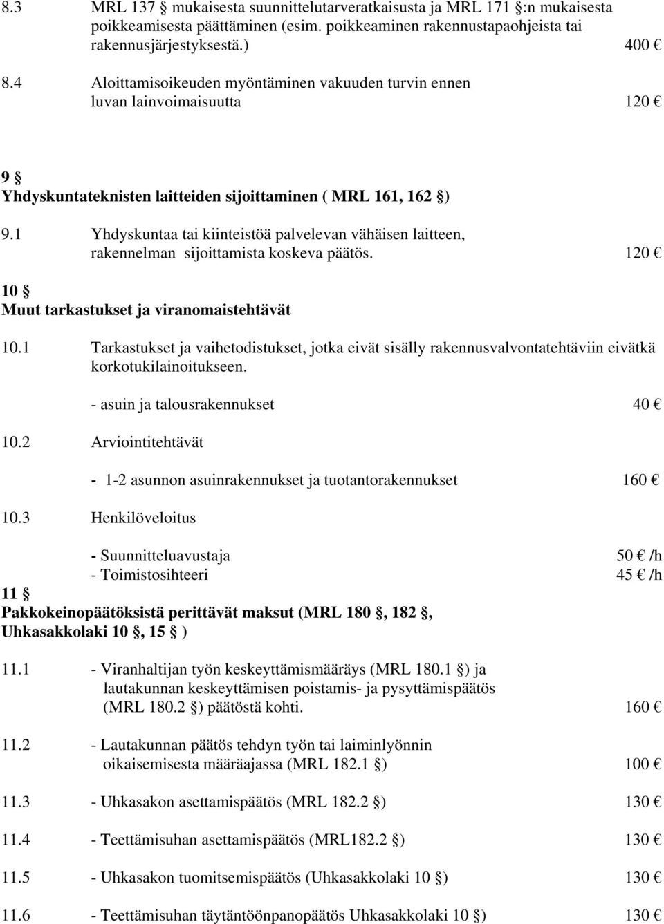 1 Yhdyskuntaa tai kiinteistöä palvelevan vähäisen laitteen, rakennelman sijoittamista koskeva päätös. 120 10 Muut tarkastukset ja viranomaistehtävät 10.