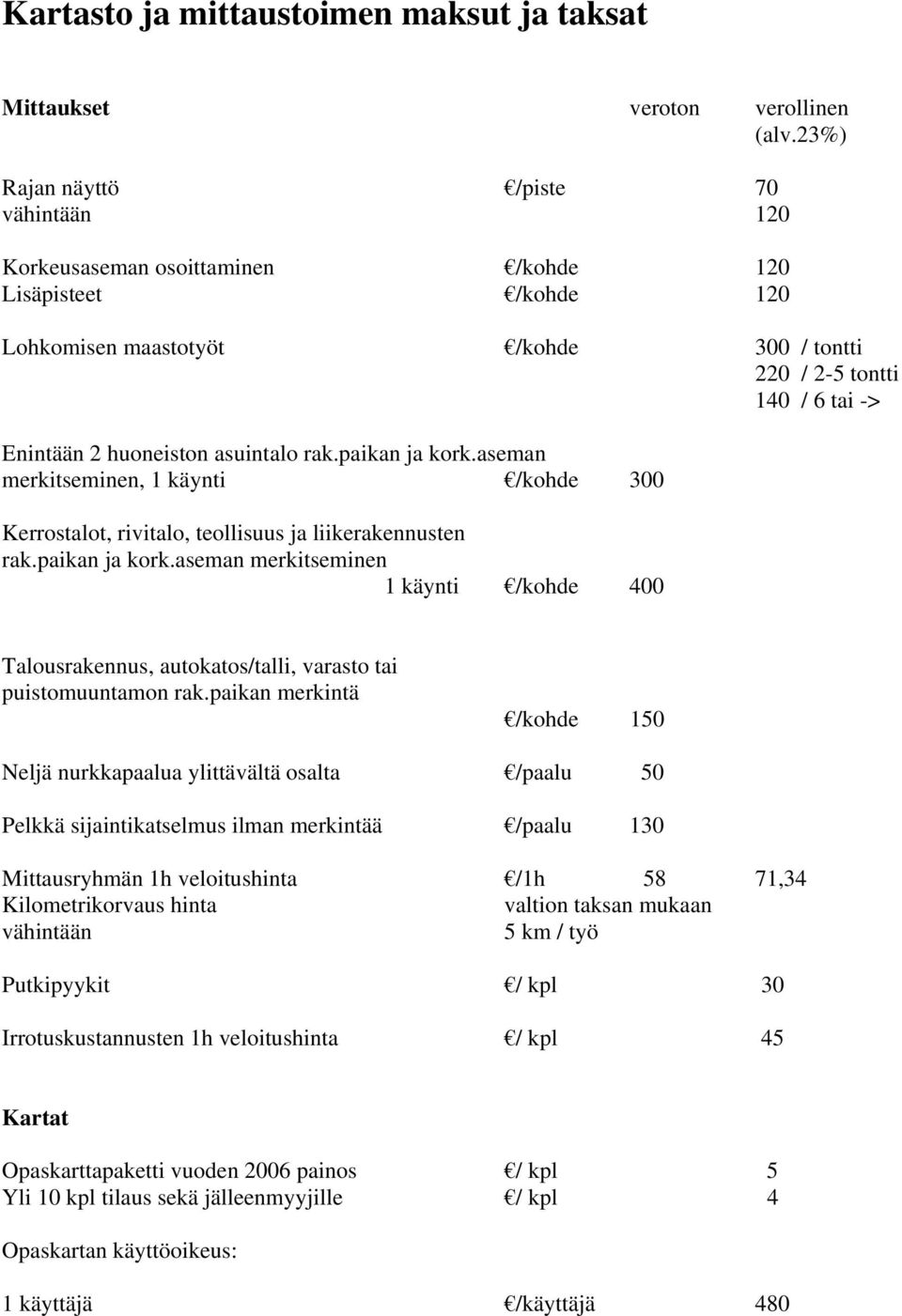 asuintalo rak.paikan ja kork.aseman merkitseminen, 1 käynti /kohde 300 Kerrostalot, rivitalo, teollisuus ja liikerakennusten rak.paikan ja kork.aseman merkitseminen 1 käynti /kohde 400 Talousrakennus, autokatos/talli, varasto tai puistomuuntamon rak.