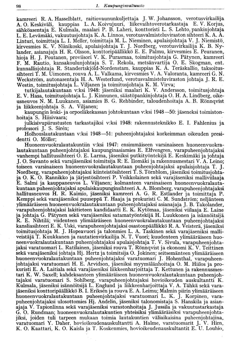 I. Meller, toimittaja M. L. Nieminen, apulaisjohtaja V. J. Niemistö, kirvesmies K. V. Niinikoski, apulaisjohtaja T. J. Nordberg, verotusvirkailija K. B. Nylander, asianajaja H. R.