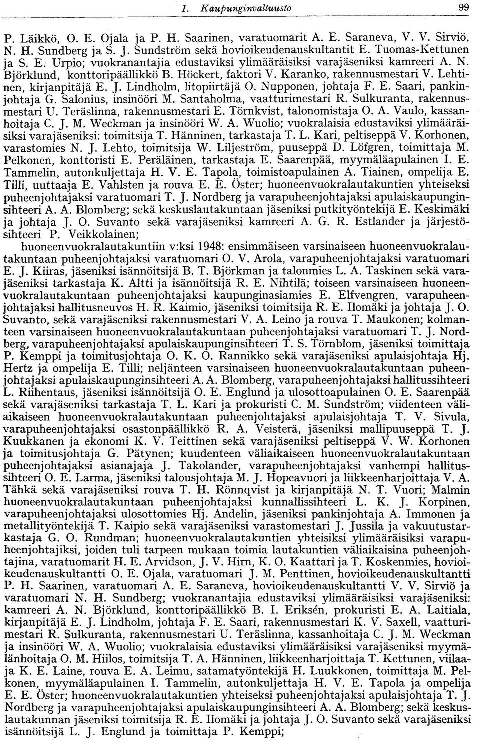 Lindholm, litopiirtäjä O. Nupponen, johtaja F. E. Saari, pankinjohtaja G. Salonius, insinööri M. Santaholma, vaatturimestari R. Sulkuranta, rakennusmestari U. Teräslinna, rakennusmestari E.