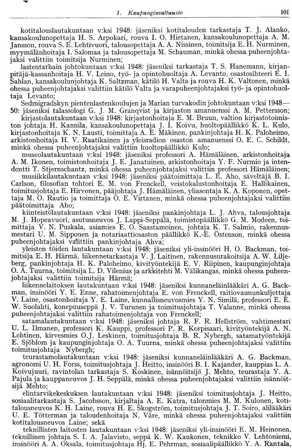 Schauman, minkä ohessa puheenjohtajaksi valittiin toimitsija Nurminen; lastentarhain johtokuntaan v:ksi 1948: jäseniksi tarkastaja T. S. Hanemann, kirjanpitäjä-kassanhoitaja H. V.