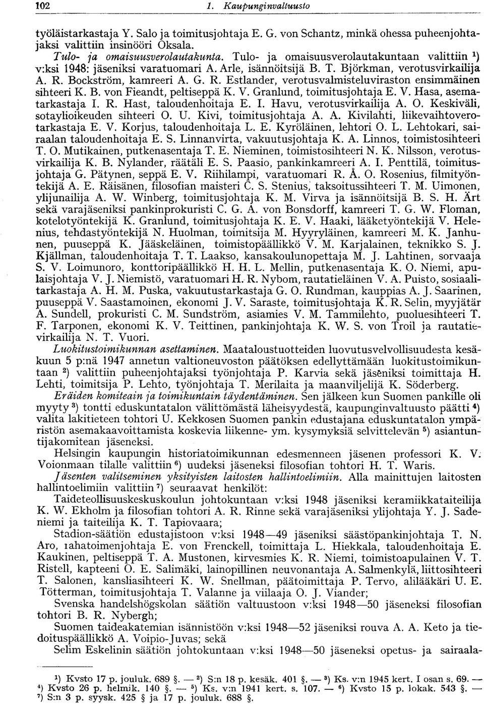 Bockström, kamreeri A. G. R. Estlander, verotusvalmisteluviraston ensimmäinen sihteeri K. B. von Fieandt, peltiseppä K. V. Granlund, toimitusjohtaja E. V. Hasa, asematarkastaja I. R. Hast, taloudenhoitaja E.