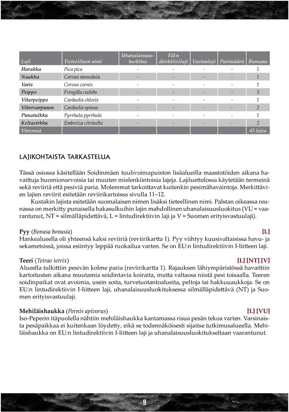 43 lajia Lajikohtaista tarkastelua Tässä osiossa käsitellään Soidinmäen tuulivoimapuiston lisäalueilla maastotöiden aikana havaittuja huomionarvoisia tai muuten mielenkiintoisia lajeja.