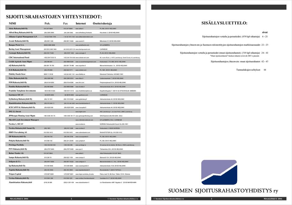 alliancebernstein.com Avenir Rahastoyhtiö Oy (09) 6811 520 (09) 6811 5222 www.avenir.fi Mikonkatu 6 C 00100 HELSINKI Banque Pictet S.A. 00800 8888 6666 www.pictetfunds.