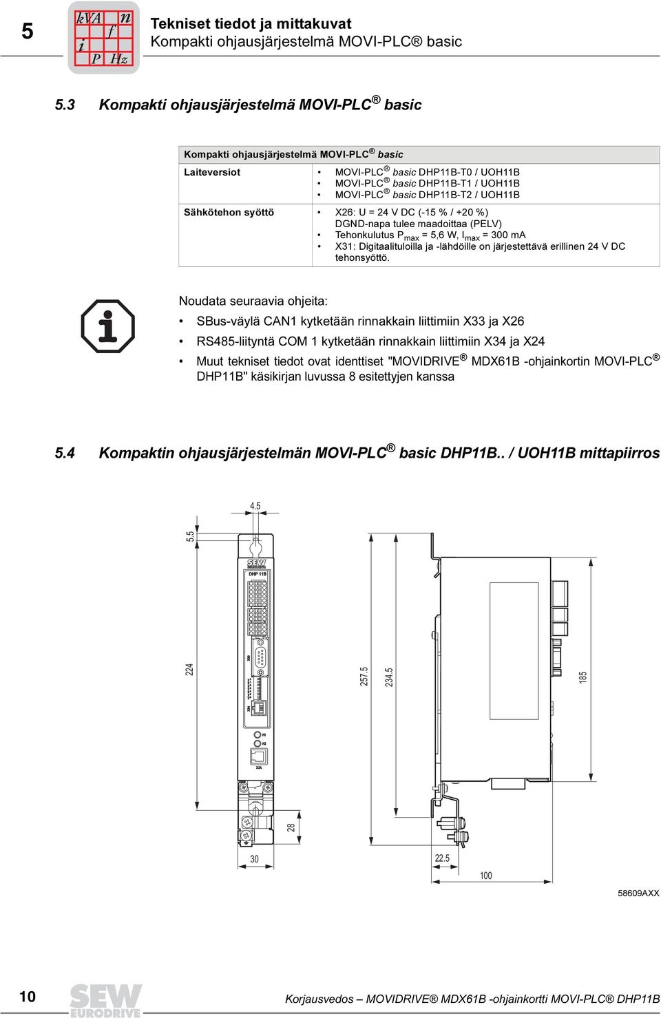 UOH11B Sähkötehon syöttö X26: U = 24 V DC (-15 % / +20 %) DGND-napa tulee maadoittaa (PELV) Tehonkulutus P max = 5,6 W, I max = 300 ma X31: Digitaalituloilla ja -lähdöille on järjestettävä erillinen