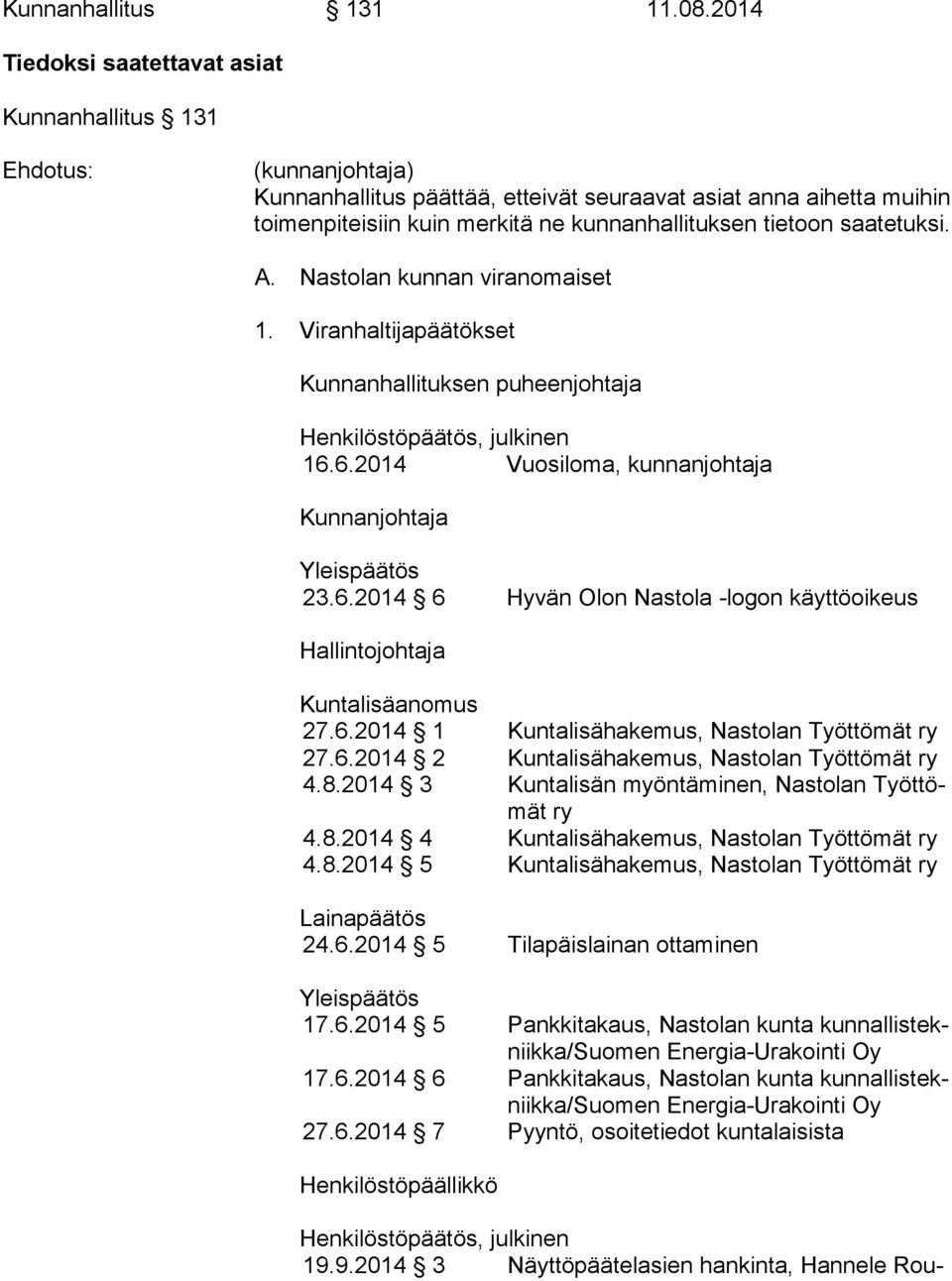 tietoon saatetuksi. A. Nastolan kunnan viranomaiset 1. Viranhaltijapäätökset Kunnanhallituksen puheenjohtaja 16.6.2014 Vuosiloma, kunnanjohtaja Kunnanjohtaja Yleispäätös 23.6.2014 6 Hyvän Olon Nastola -logon käyttöoikeus Hallintojohtaja Kuntalisäanomus 27.