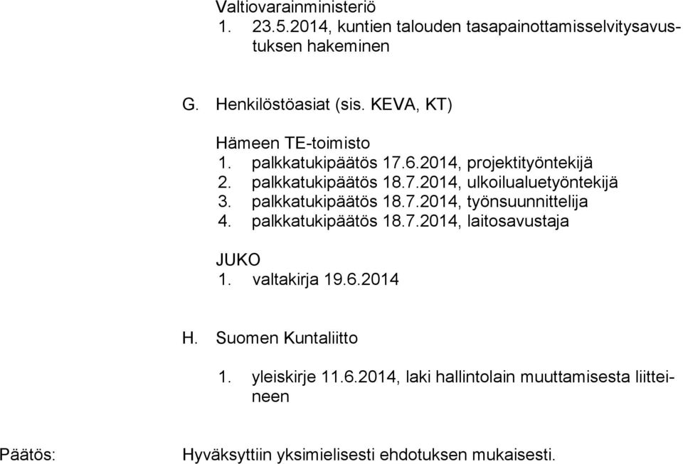 palkkatukipäätös 18.7.2014, työnsuunnittelija 4. palkkatukipäätös 18.7.2014, laitosavustaja JUKO 1. valtakirja 19.6.2014 H.