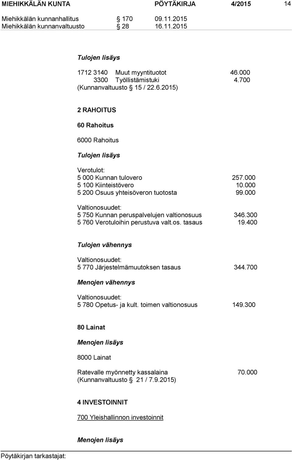 000 Valtionosuudet: 5 750 Kunnan peruspalvelujen valtionosuus 346.300 5 760 Verotuloihin perustuva valt.os. tasaus 19.400 Tulojen vähennys Valtionosuudet: 5 770 Järjestelmämuutoksen tasaus 344.