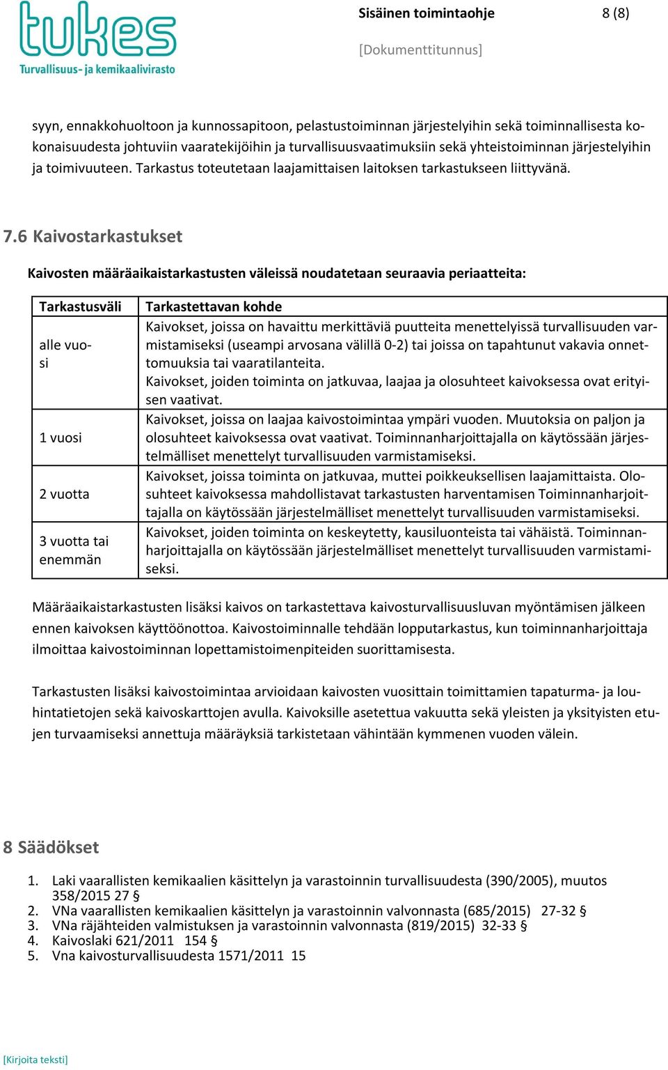 6 Kaivostarkastukset Kaivosten määräaikaistarkastusten väleissä noudatetaan seuraavia periaatteita: Tarkastusväli alle vuosi 1 vuosi 2 vuotta 3 vuotta tai enemmän Tarkastettavan kohde Kaivokset,
