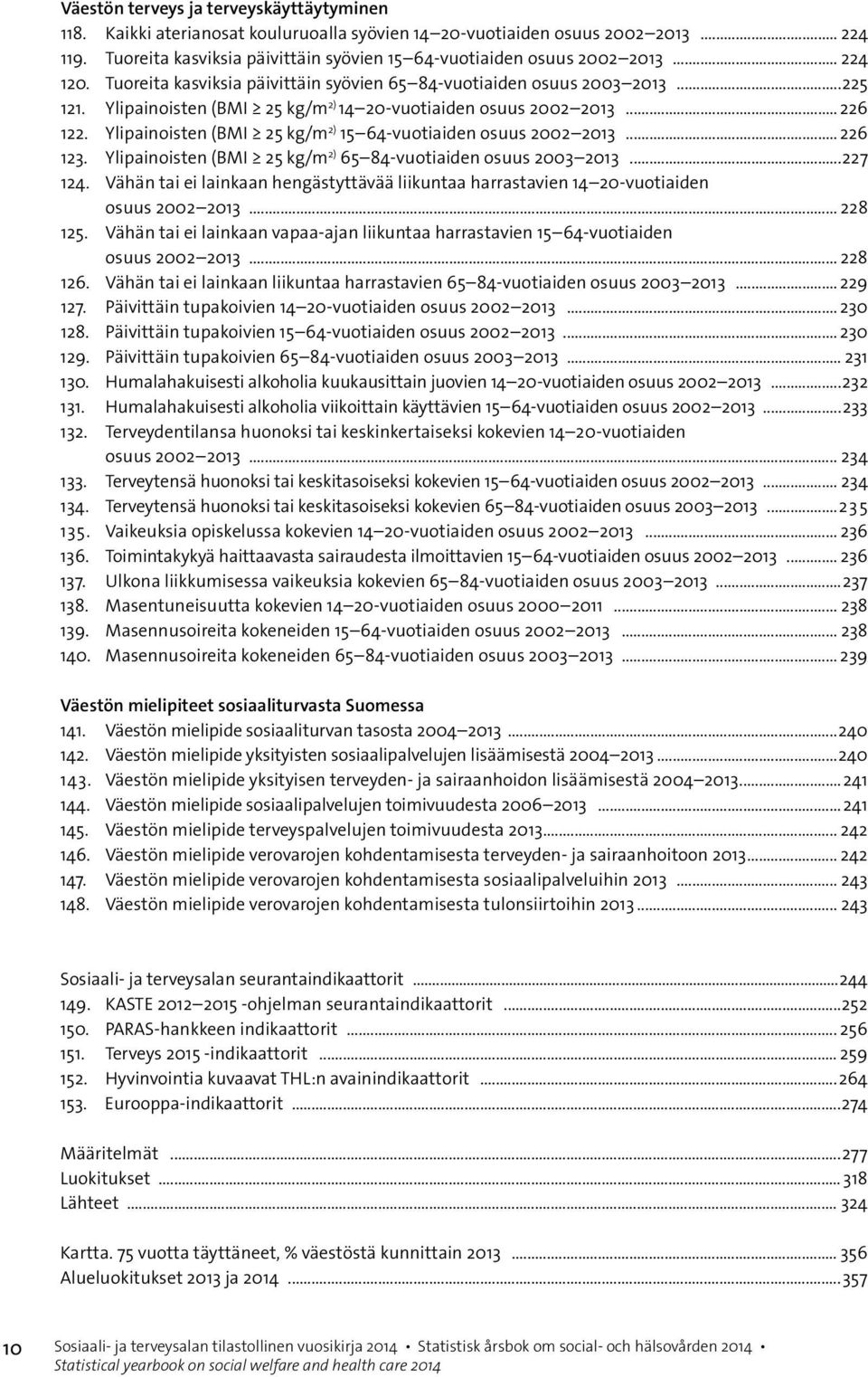 Ylipainoisten (BMI 25 kg/m 2) 14 20-vuotiaiden osuus 2002 2013... 226 122. Ylipainoisten (BMI 25 kg/m 2) 15 64-vuotiaiden osuus 2002 2013... 226 123.