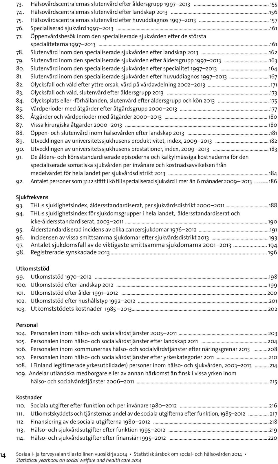 Öppenvårdsbesök inom den specialiserade sjukvården efter de största specialiteterna 1997 2013...161 78. Slutenvård inom den specialiserade sjukvården efter landskap 2013...162 79.