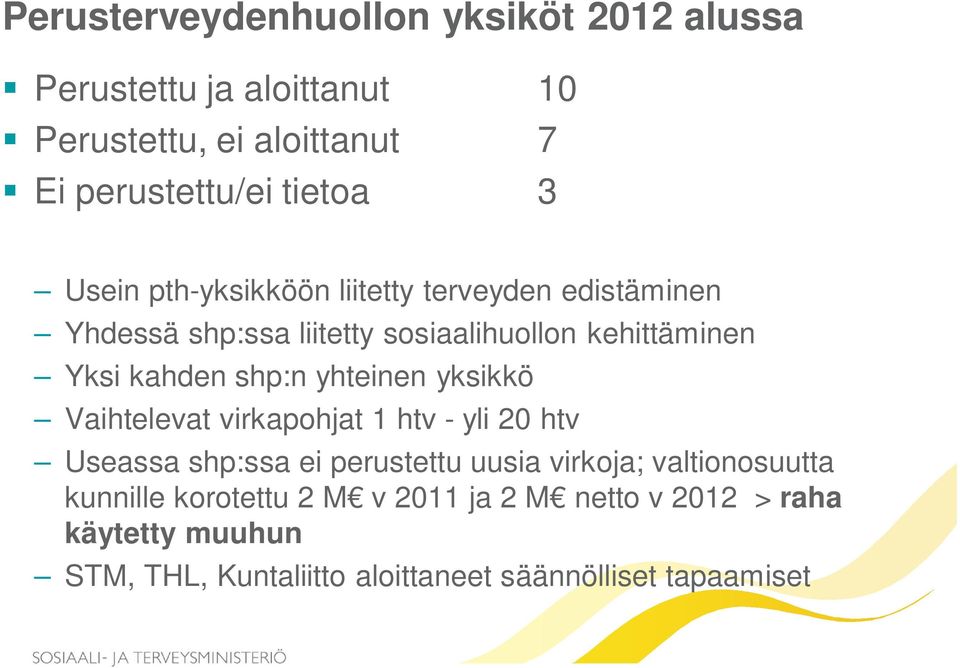 yhteinen yksikkö Vaihtelevat virkapohjat 1 htv - yli 20 htv Useassa shp:ssa ei perustettu uusia virkoja; valtionosuutta