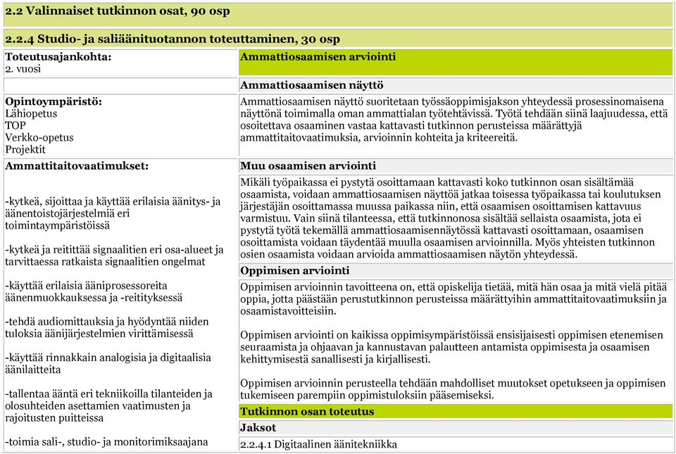 reitittää signaalitien eri osa-alueet ja tarvittaessa ratkaista signaalitien ongelmat -käyttää erilaisia ääniprosessoreita äänenmuokkauksessa ja -reitityksessä -tehdä audiomittauksia ja hyödyntää