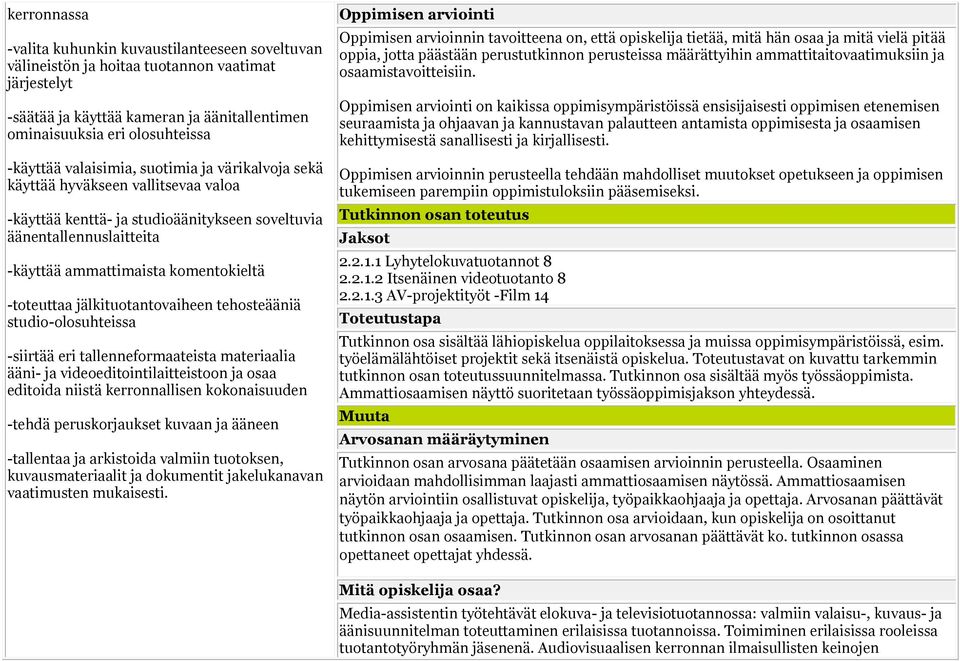 jälkituotantovaiheen tehosteääniä studio-olosuhteissa -siirtää eri tallenneformaateista materiaalia ääni- ja videoeditointilaitteistoon ja osaa editoida niistä kerronnallisen kokonaisuuden -tehdä