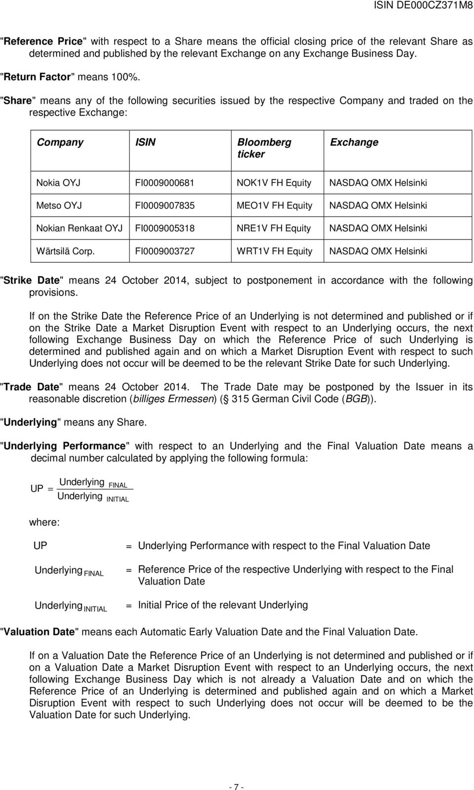 "Share" means any of the following securities issued by the respective Company and traded on the respective Exchange: Company ISIN Bloomberg ticker Exchange Nokia OYJ FI0009000681 NOK1V FH Equity