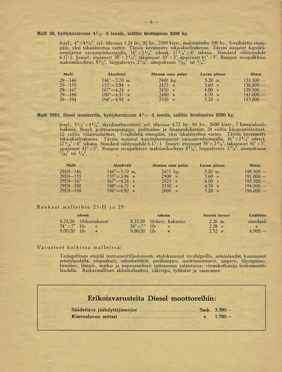 Standard välityssuhde 6.17:1. Jouset: etujouset 38"x2 1 / 2 ", takajouset 50" x 3", apujouset 41" x 3". Rungon sivupalkkien maksimikorkeus S l /-/, laippaleveys 2 7 /s", ainepaksuus 7 /&2* tai x \\.