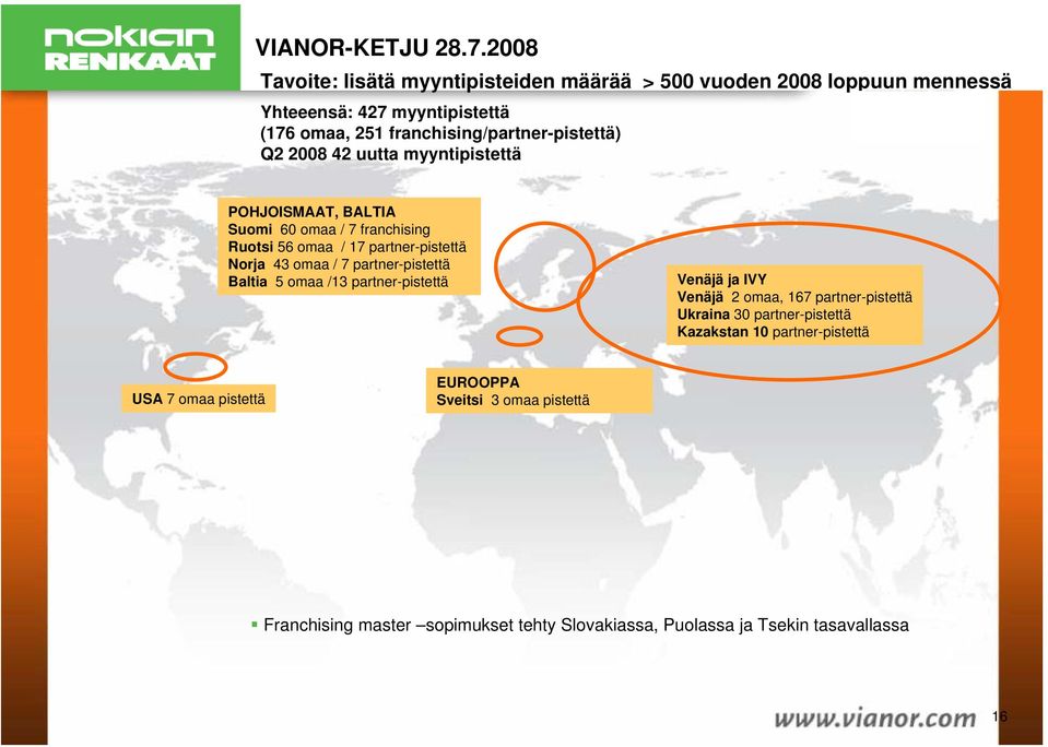 franchising/partner-pistettä) Q2 2008 42 uutta myyntipistettä POHJOISMAAT, BALTIA Suomi 60 omaa / 7 franchising Ruotsi 56 omaa / 17 partner-pistettä