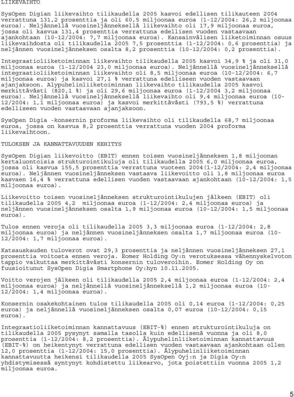 Kansainvälisen liiketoiminnan osuus liikevaihdosta oli tilikaudella 2005 7,5 prosenttia (1-12/2004: 0,6 prosenttia) ja neljännen vuosineljänneksen osalta 8,2 prosenttia (10-12/2004: 0,2 prosenttia).