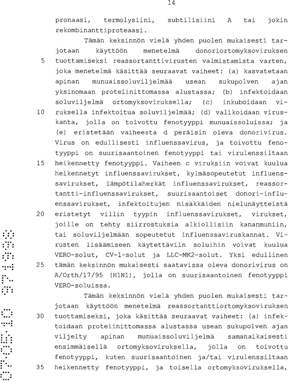 vaiheet: (a) kasvatetaan apinan munuaissoluviljelmää usean sukupolven ajan yksinomaan proteiinittomassa alustassa; (b) infektoidaan soluviljelmä ortomyksoviruksella; (c) inkuboidaan vi- 10 ruksella