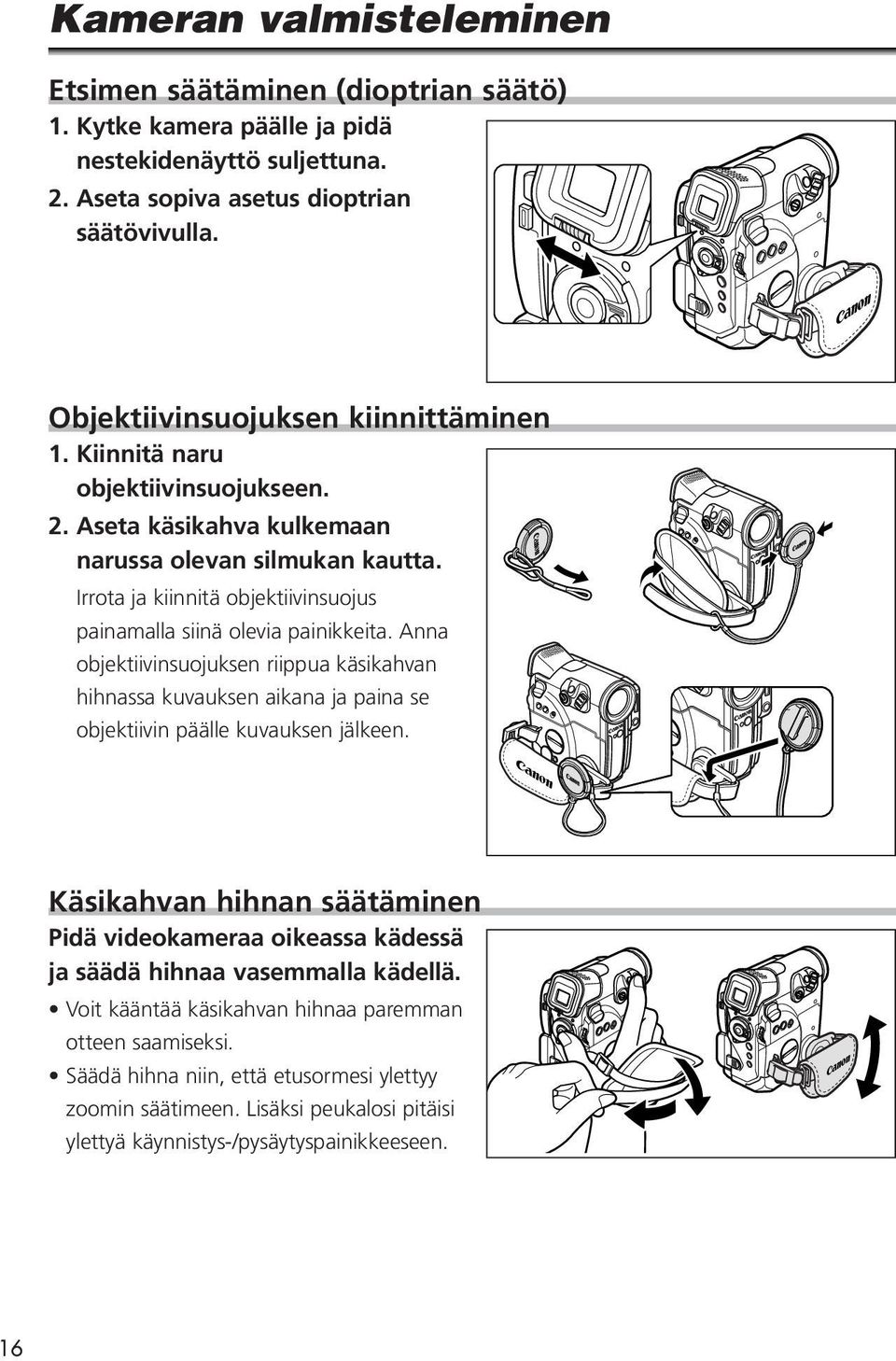 Irrota ja kiinnitä objektiivinsuojus painamalla siinä olevia painikkeita. Anna objektiivinsuojuksen riippua käsikahvan hihnassa kuvauksen aikana ja paina se objektiivin päälle kuvauksen jälkeen.