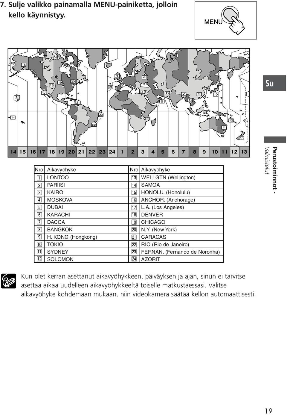 BANGKOK H. KONG (Hongkong) TOKIO SYDNEY SOLOMON Nro Aikavyöhyke WELLGTN (Wellington) SAMOA HONOLU. (Honolulu) ANCHOR. (Anchorage) L.A. (Los Angeles) DENVER CHICAGO N.Y. (New York) CARACAS RIO (Rio de Janeiro) FERNAN.