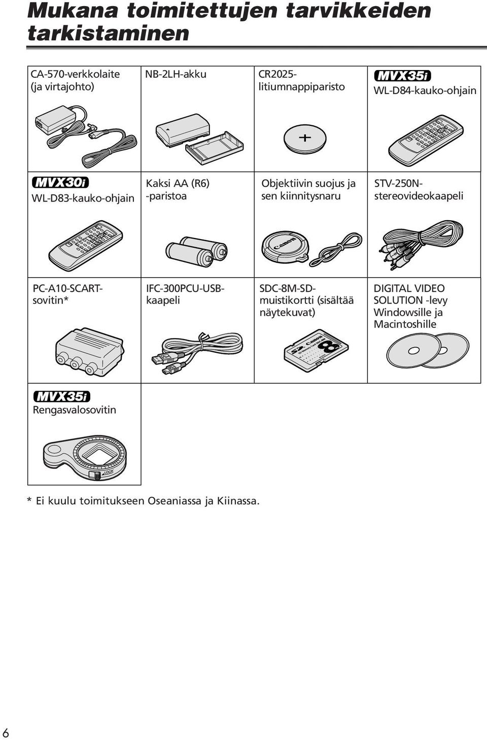 kiinnitysnaru STV-250Nstereovideokaapeli PC-A10-SCARTsovitin* IFC-300PCU-USBkaapeli SDC-8M-SDmuistikortti (sisältää