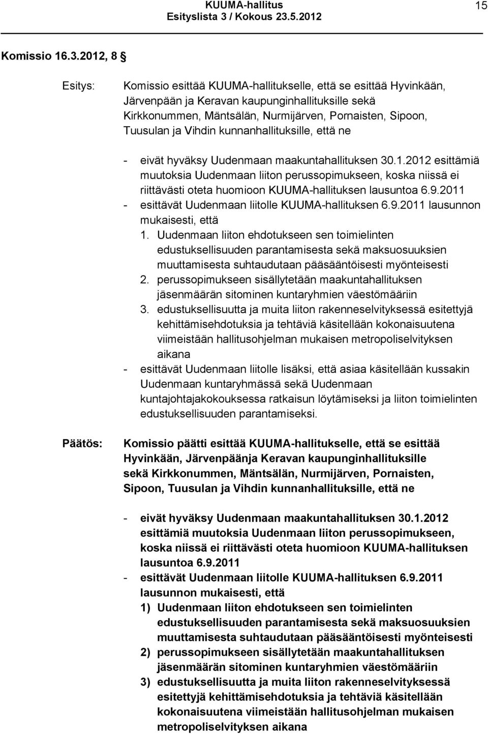 kunnanhallituksille, että ne - eivät hyväksy Uudenmaan maakuntahallituksen 30.1.