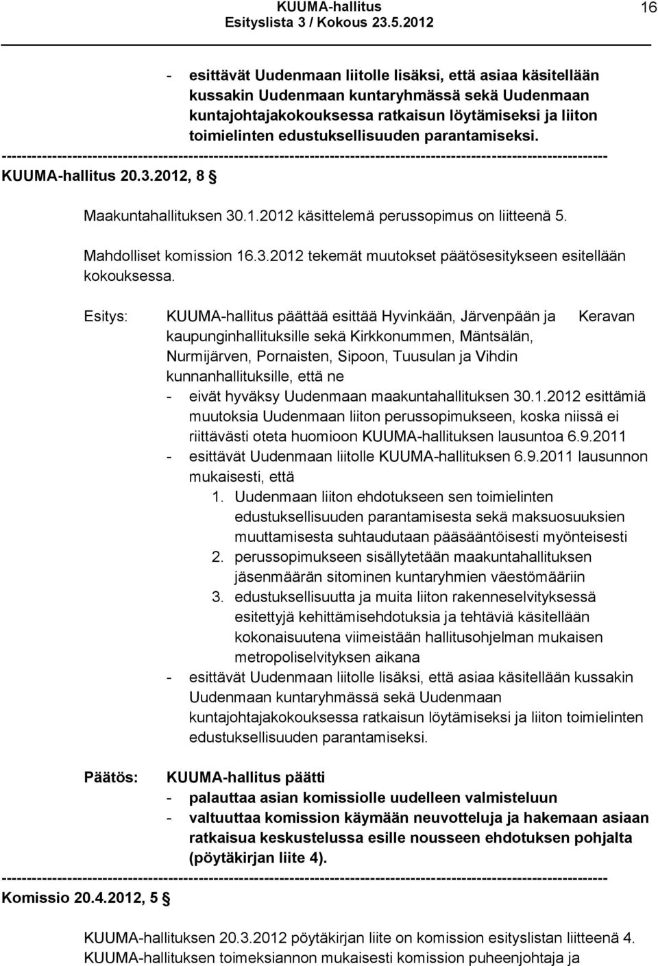 KUUMA-hallitus päättää esittää Hyvinkään, Järvenpään ja Keravan kaupunginhallituksille sekä Kirkkonummen, Mäntsälän, Nurmijärven, Pornaisten, Sipoon, Tuusulan ja Vihdin kunnanhallituksille, että ne -