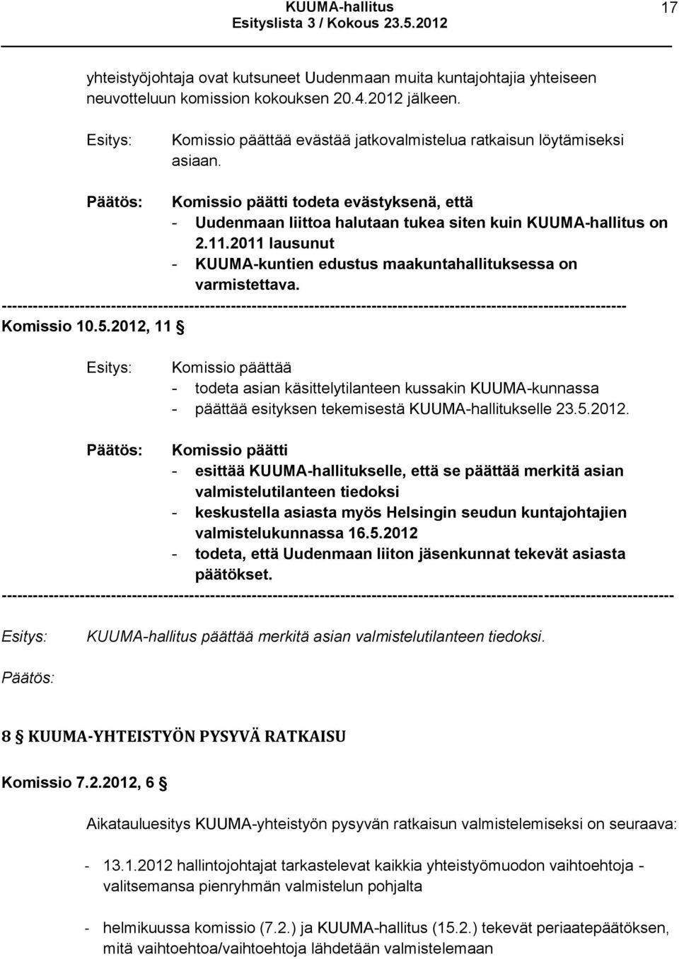 5.2012, 11 Komissio päättää - todeta asian käsittelytilanteen kussakin KUUMA-kunnassa - päättää esityksen tekemisestä KUUMA-hallitukselle 23.5.2012. Komissio päätti - esittää KUUMA-hallitukselle, että se päättää merkitä asian valmistelutilanteen tiedoksi - keskustella asiasta myös Helsingin seudun kuntajohtajien valmistelukunnassa 16.