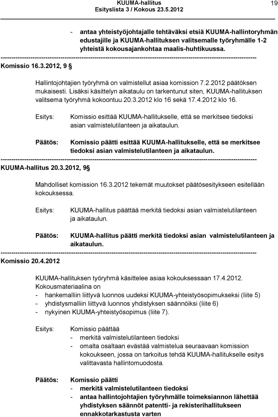 3.2012 klo 16 sekä 17.4.2012 klo 16. Komissio esittää KUUMA-hallitukselle, että se merkitsee tiedoksi asian valmistelutilanteen ja aikataulun.