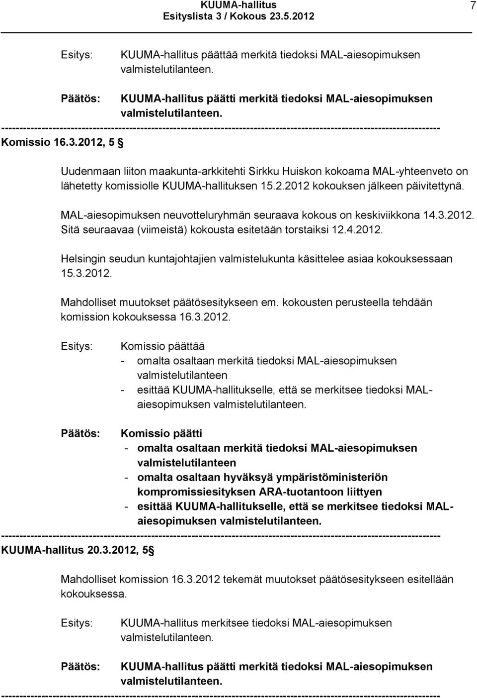 MAL-aiesopimuksen neuvotteluryhmän seuraava kokous on keskiviikkona 14.3.2012. Sitä seuraavaa (viimeistä) kokousta esitetään torstaiksi 12.4.2012. Helsingin seudun kuntajohtajien valmistelukunta käsittelee asiaa kokouksessaan 15.