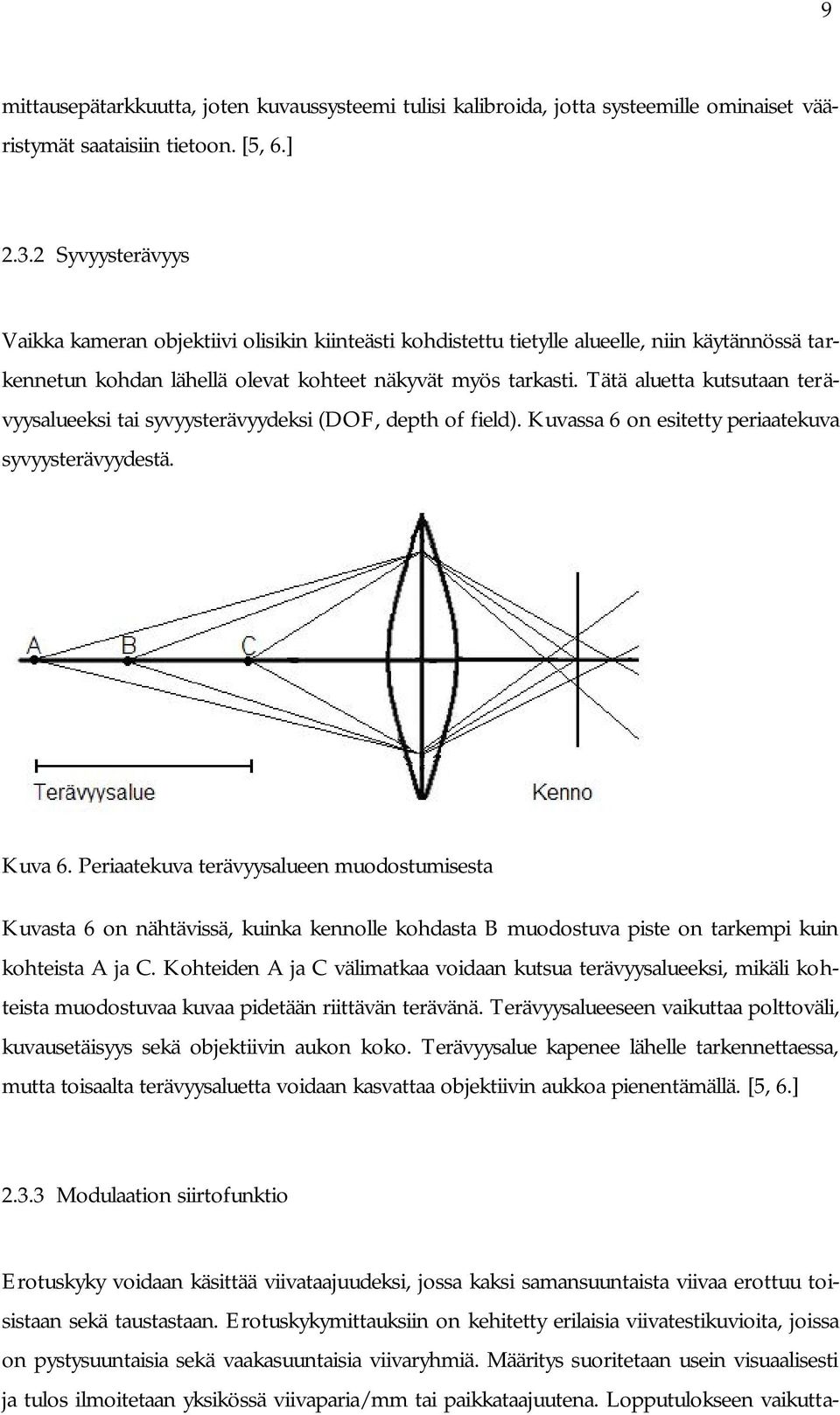 Tätä aluetta kutsutaan terävyysalueeksi tai syvyysterävyydeksi (DOF, depth of field). Kuvassa 6 on esitetty periaatekuva syvyysterävyydestä. Kuva 6.