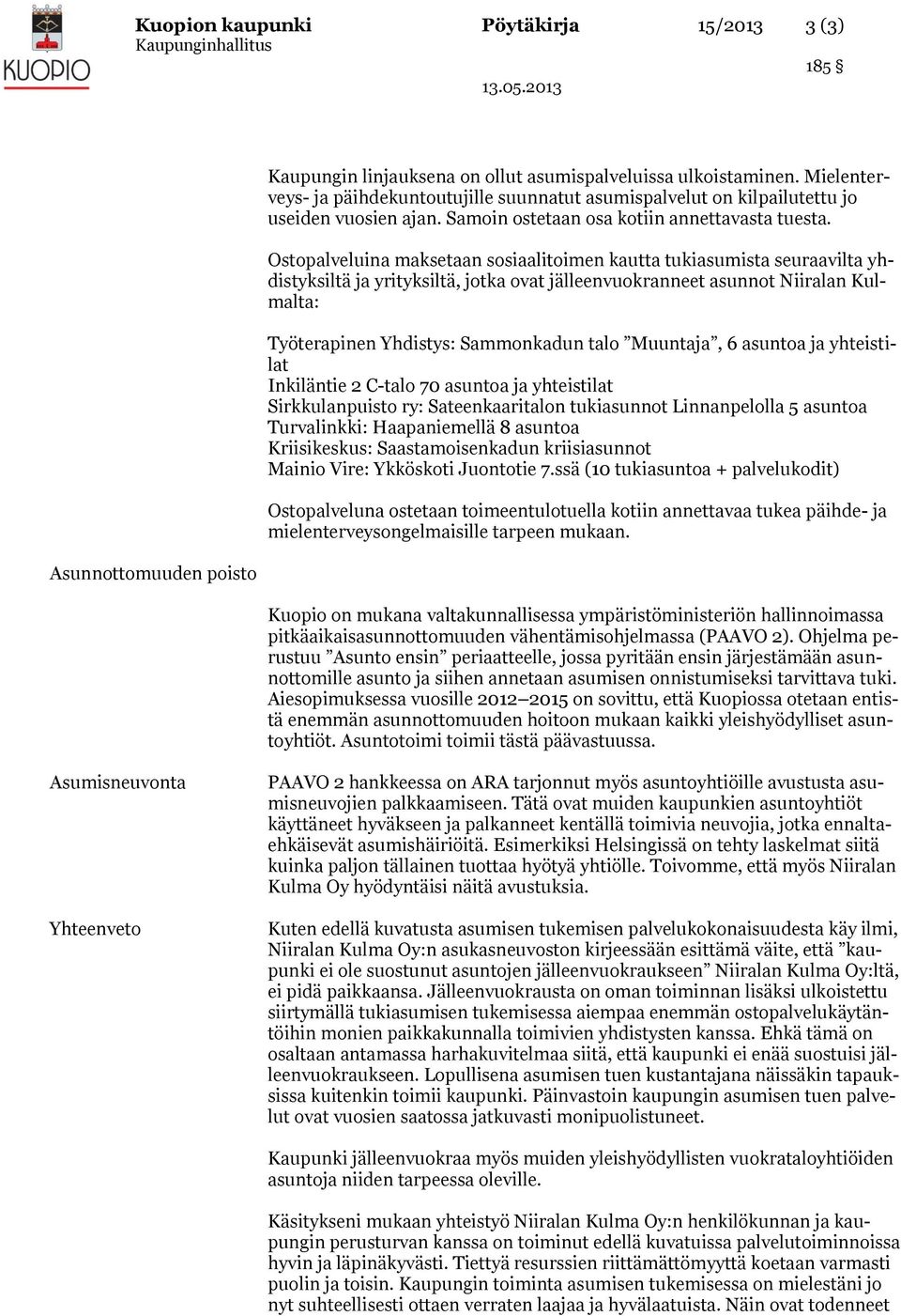 Ostopalveluina maksetaan sosiaalitoimen kautta tukiasumista seuraavilta yhdistyksiltä ja yrityksiltä, jotka ovat jälleenvuokranneet asunnot Niiralan Kulmalta: Työterapinen Yhdistys: Sammonkadun talo