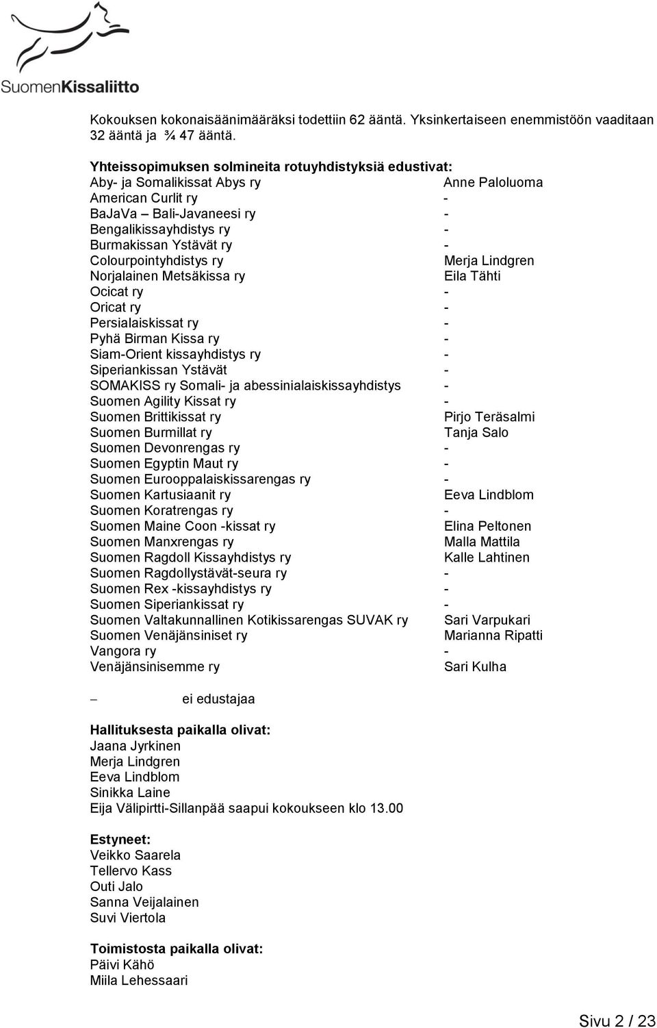 Colourpointyhdistys ry Merja Lindgren Norjalainen Metsäkissa ry Eila Tähti Ocicat ry - Oricat ry - Persialaiskissat ry - Pyhä Birman Kissa ry - Siam-Orient kissayhdistys ry - Siperiankissan Ystävät -