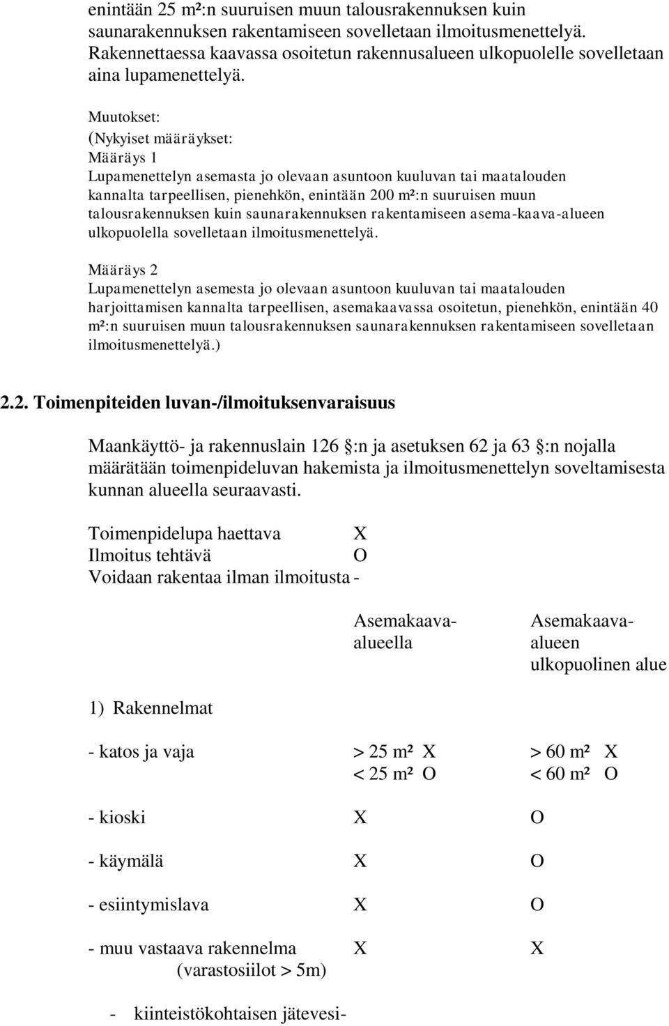 Muutokset: (Nykyiset määräykset: Määräys 1 Lupamenettelyn asemasta jo olevaan asuntoon kuuluvan tai maatalouden kannalta tarpeellisen, pienehkön, enintään 200 m²:n suuruisen muun talousrakennuksen